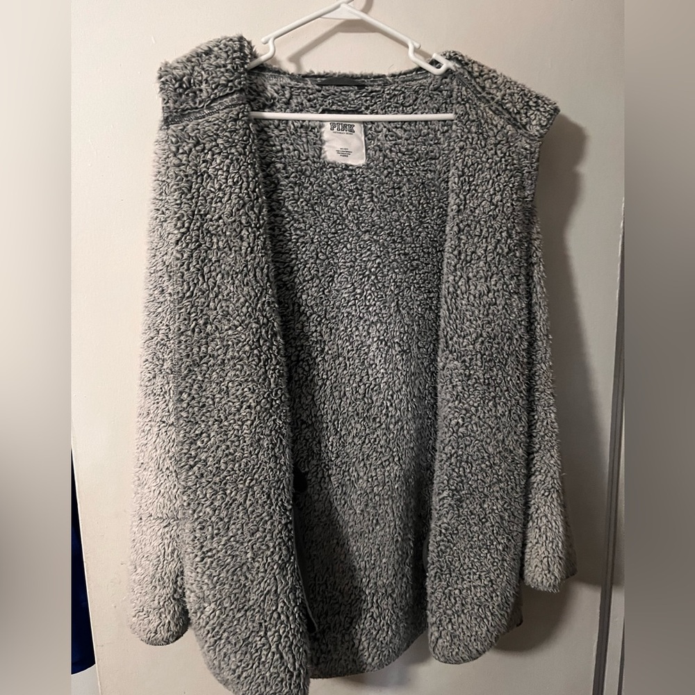 Victoria's Secret PINK Teddy fleece open cardigan Hoodie grey size M/L